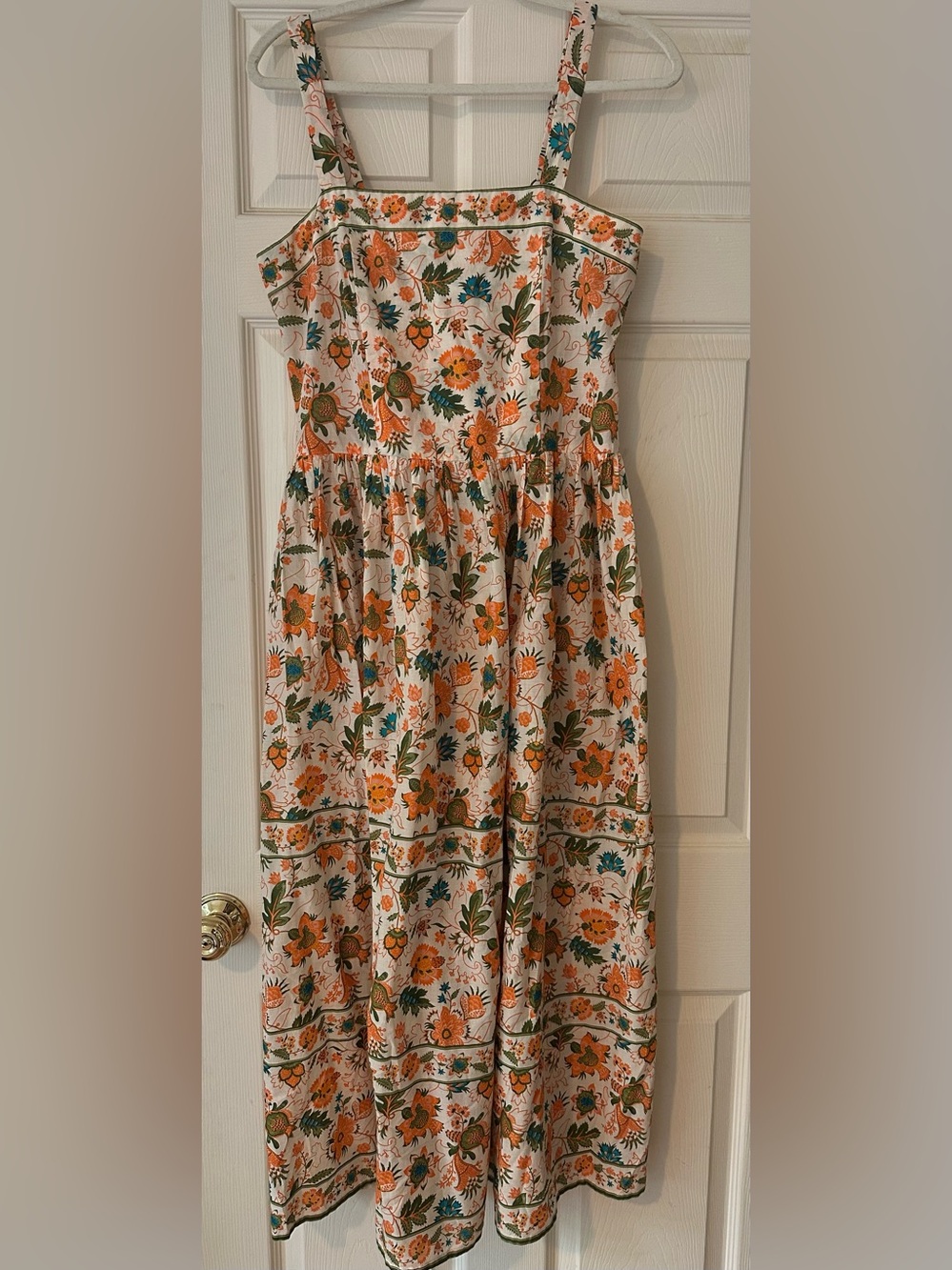 Luna Skies Cream Floral Midi Dress with Orange & Green Print